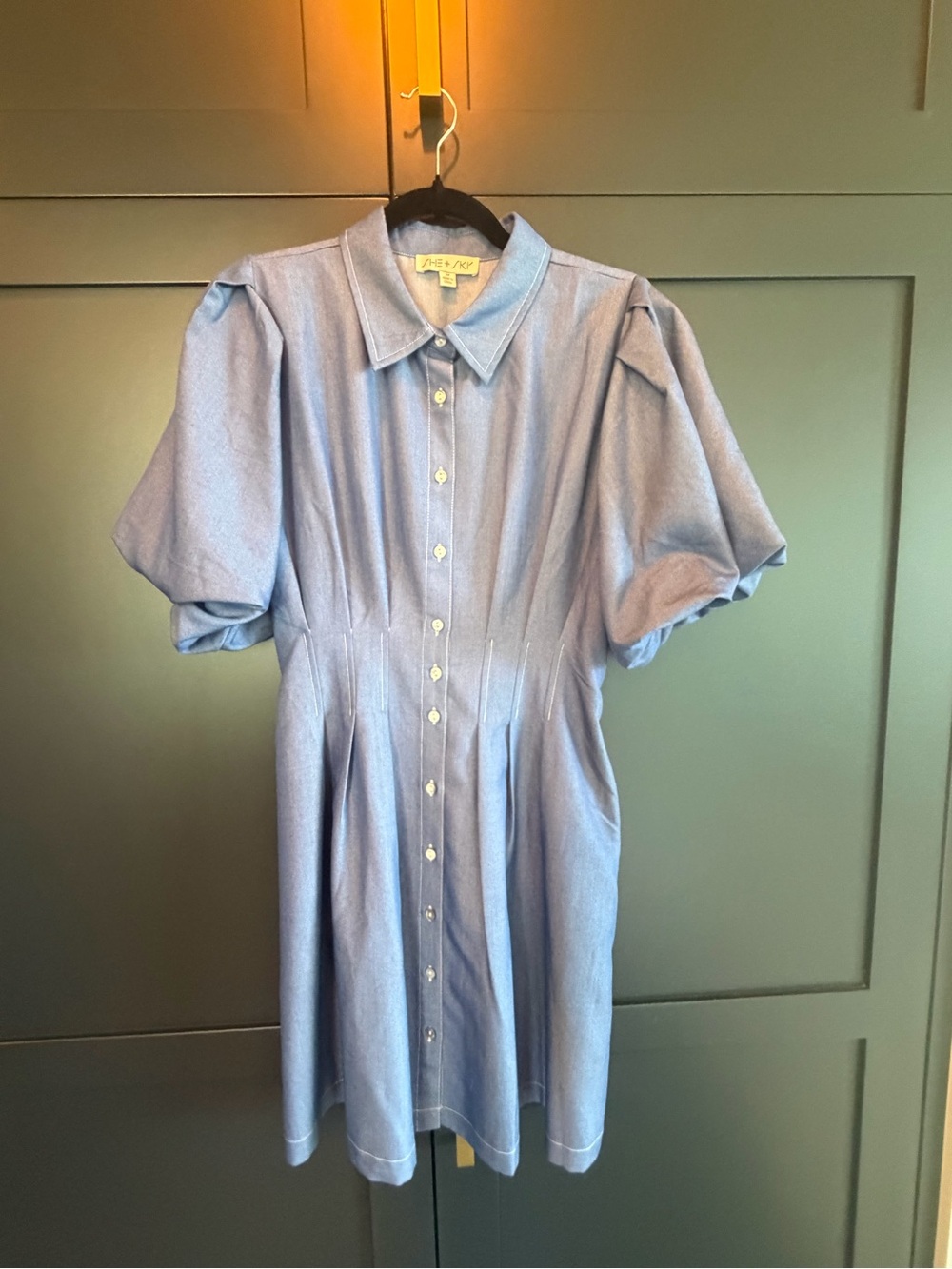 She + Sky Powder Blue Button-Front Puff Sleeve Dress